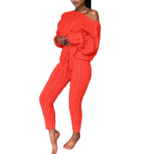 seiveini Zweiteiliger Damen Winter Warm Strick Anzug Langarm Set Damen Sexy Hosenanzug Locker 2 Stück Freizeitanzug 2 Teiler Hausanzug Pulli + Lang Strickhosen Einfarbig A Orange XL von seiveini