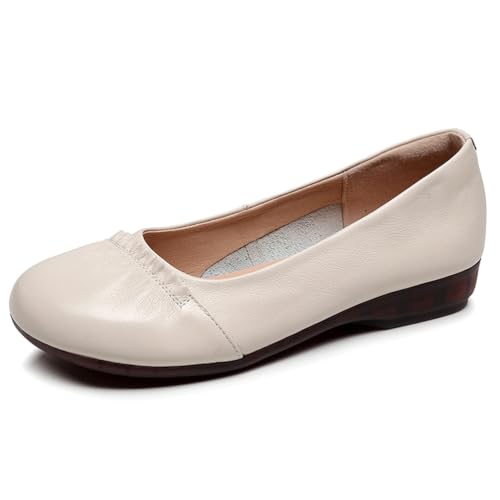 sekiueo Damen Ballerinas Slip-On Kleid Arbeitsschuhe Runde Zehenpartie Weiche Sohle Leder Business Schuhe,Beige,38 EU von sekiueo