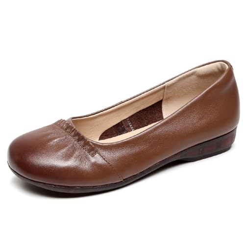 sekiueo Damen Ballerinas Slip-On Kleid Arbeitsschuhe Runde Zehenpartie Weiche Sohle Leder Business Schuhe,Braun,42 EU von sekiueo