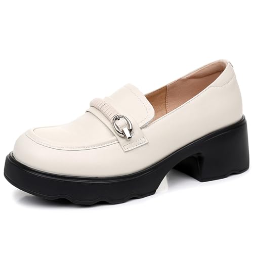 sekiueo Damen Chunky Loafers Slip-On Casual Flat Dress Schuhe Für Spaziergänge Arbeit Büro,Beige,35 EU von sekiueo