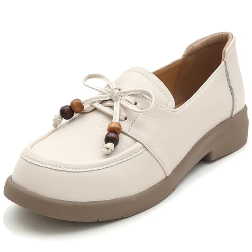sekiueo Damen-Loafer Leder Slipper Leicht Niedriger Absatz Zum Gehen Arbeiten Lässig Oxford-Schuhe,Beige,35 EU von sekiueo