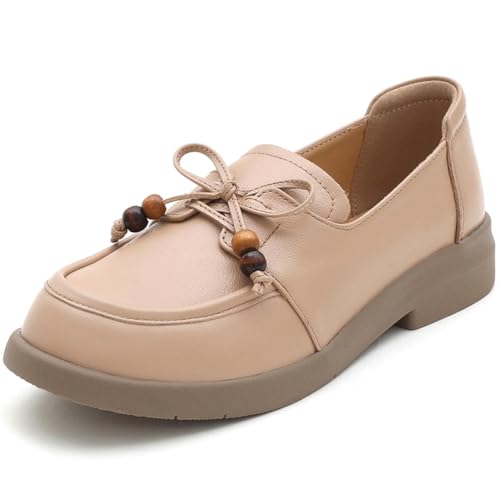 sekiueo Damen-Loafer Leder Slipper Leicht Niedriger Absatz Zum Gehen Arbeiten Lässig Oxford-Schuhe,Beige b,35 EU von sekiueo