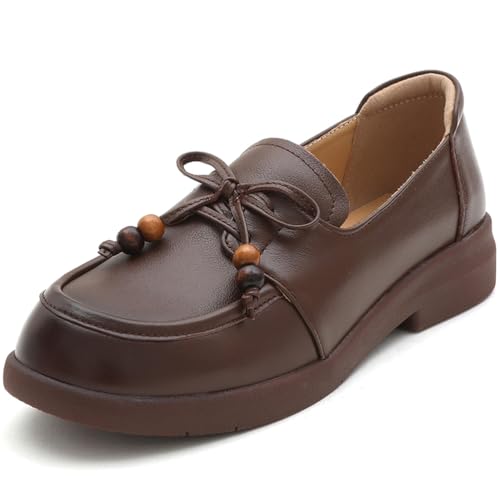 sekiueo Damen-Loafer Leder Slipper Leicht Niedriger Absatz Zum Gehen Arbeiten Lässig Oxford-Schuhe,Braun,33 EU von sekiueo