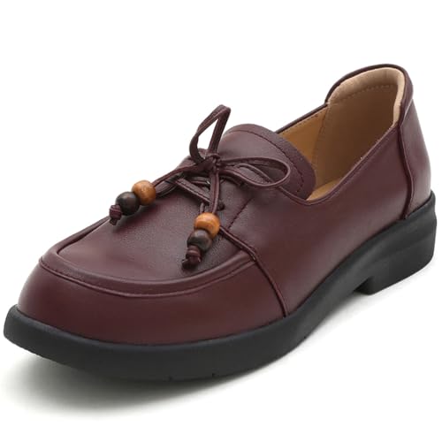 sekiueo Damen-Loafer Leder Slipper Leicht Niedriger Absatz Zum Gehen Arbeiten Lässig Oxford-Schuhe,Rot,38 EU von sekiueo