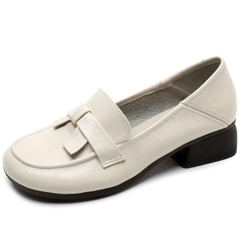 sekiueo Damen-Loafer Mit Niedrigem Klobigem Absatz Runde Zehenpartie Slip-On-Pumps Bequeme Arbeits- Und Abendschuhe,Beige,39 EU von sekiueo