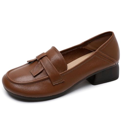 sekiueo Damen-Loafer Mit Niedrigem Klobigem Absatz Runde Zehenpartie Slip-On-Pumps Bequeme Arbeits- Und Abendschuhe,Braun,36 EU von sekiueo
