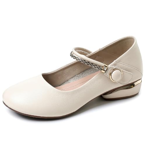 sekiueo Damen Mary Jane Schuhe Mit Niedrigem Absatz Und Runder Zehenpartie Büro- Und Arbeitsschuhe Weich Und Bequem,Beige,42 EU von sekiueo
