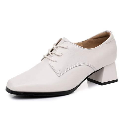 sekiueo Damen Oxford-Schuhe Mit Quadratischer Zehenpartie Klobiger Blockabsatz Schnürpumps Für Business Büro Kleid,Beige,34 EU von sekiueo