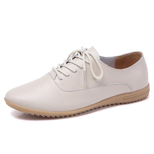 sekiueo Damen Oxford-Schuhe Mit Schlichter Spitze Flach Zum Schnüren Leder Lässig Für Die Arbeit Oder Das Büro,Beige,37 EU von sekiueo