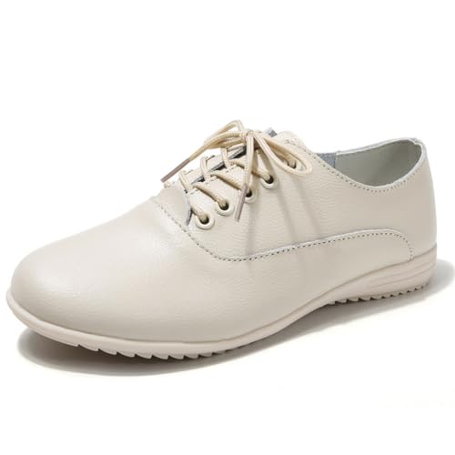 sekiueo Damen Oxford-Schuhe Mit Schnürung Runde Zehenpartie Flach Für Business Formelle Büroarbeit,Beige,38 EU von sekiueo