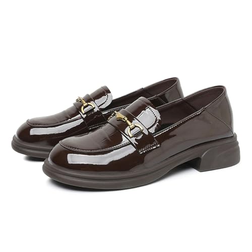 sekiueo Damen Plateau Loafer Mit Klobigem Absatz Lackleder Slip-On Arbeitsschuhe Für Büro Und Freizeit,Braun,35 EU von sekiueo