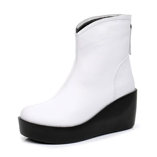 sekiueo Damen Plateau Stiefeletten Keilabsatz Schlupfstiefeletten Runde Zehenpartie Mit Seitlichem Reißverschluss Hoher Absatz,Weiß,41 EU von sekiueo