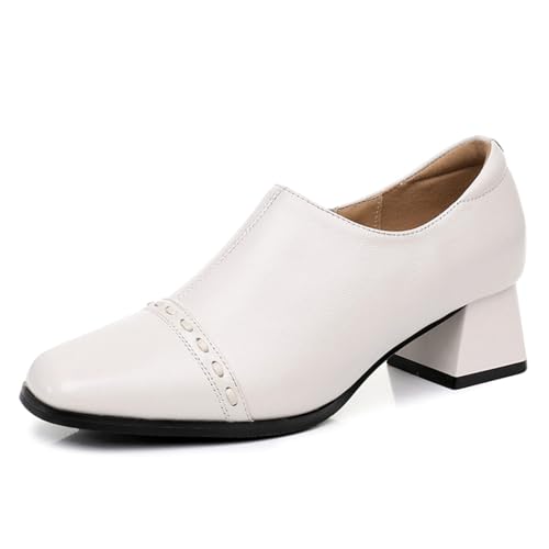 sekiueo Damen Pumps Mit Quadratischer Zehenpartie Slip-On Business-Arbeitsschuhe Klobiger Absatz Seitlicher Reißverschluss,Beige,34 EU von sekiueo