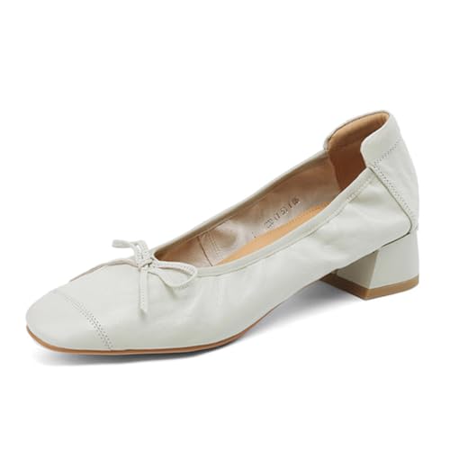 sekiueo Damen-Pumps Mit Quadratischer Zehenpartie Weiches Leder Klobiger Niedriger Absatz Bequeme Slip-On-Büroschuhe,Beige,39 EU von sekiueo