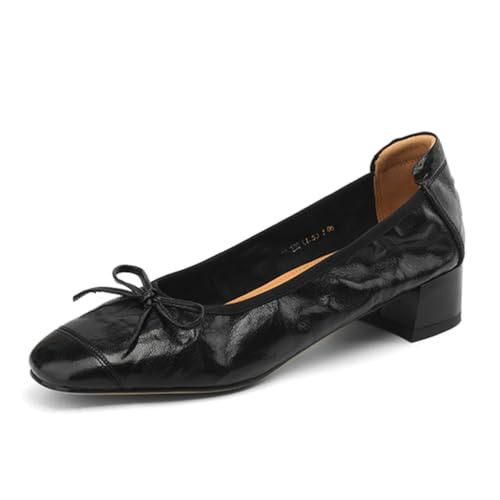 sekiueo Damen-Pumps Mit Quadratischer Zehenpartie Weiches Leder Klobiger Niedriger Absatz Bequeme Slip-On-Büroschuhe,Schwarz,39 EU von sekiueo