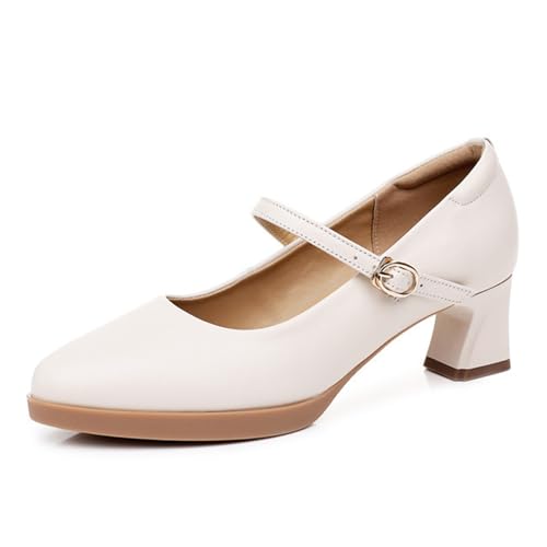 sekiueo Damen Pumps Mit Spitzer Zehenpartie Klobiger Mary Jane-Schuh Mit Niedrigem Absatz Für Business-Partys,Beige,43 EU von sekiueo
