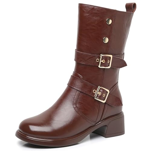 sekiueo Damenstiefel Mit Mittlerer Wade Motorradstiefel Mit Seitlichem Reißverschluss Runder Zehenbereich Klobiger Niedriger Absatz Schnalle Kampfstiefel,Braun,43 EU von sekiueo