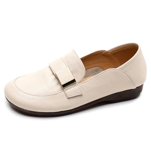 sekiueo Flache Loafer Für Damen Zum Hineinschlüpfen Fürs Büro Runde Zehenpartie Weiches Leder,Beige,42 EU von sekiueo
