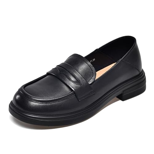 sekiueo Loafer Für Damen Runde Zehenpartie Leder Abendschuhe Slip-On Niedriger Absatz Fürs Büro,Schwarz,38 EU von sekiueo