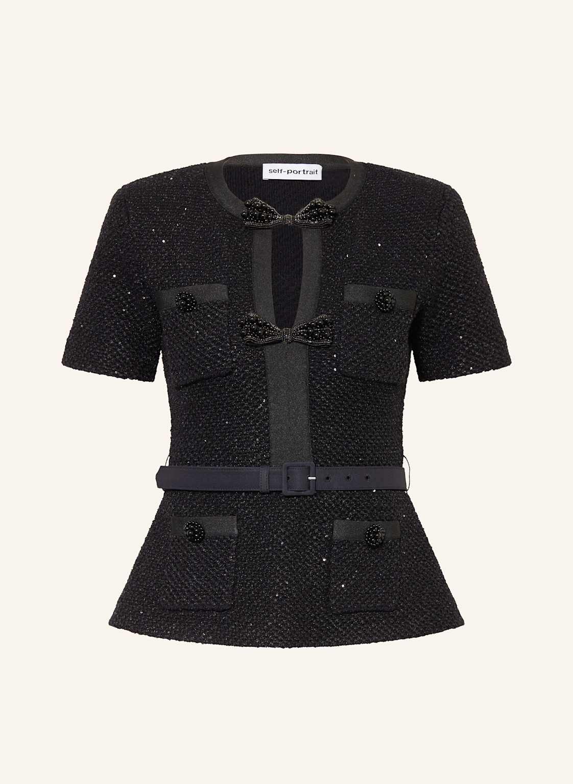 Self-Portrait T-Shirt Aus Bouclé Mit Pailletten schwarz von self-portrait