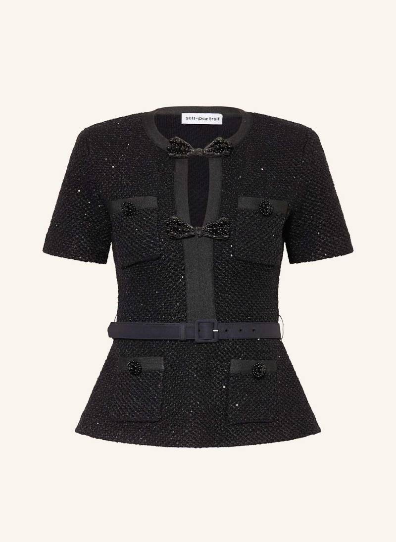 Self-Portrait T-Shirt Aus Bouclé Mit Pailletten schwarz von self-portrait