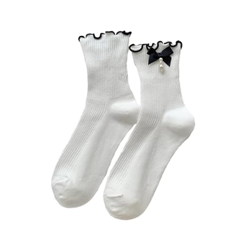 seluluory Frauen Mädchen Casual Socken Gerippte Baumwolle Kalb Socken Süße Süße Perlen Bowknot Rüschen Trim Neuheit Rüschen Knöchel Socken, 8WB, 38 von seluluory