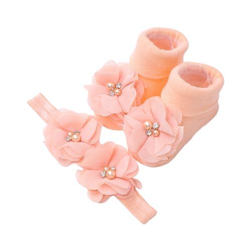 seluluory Handgefertigtes Blumen-Stirnband mit weichen Socken, niedliches, bequemes Blumen-Stirnband mit rutschfesten Socken für Baby-Mädchen von seluluory