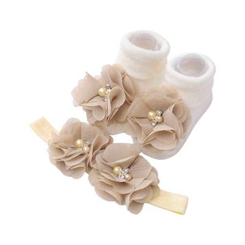 seluluory Handgefertigtes Blumen-Stirnband mit weichen Socken, niedliches, bequemes Blumen-Stirnband mit rutschfesten Socken für Baby-Mädchen von seluluory