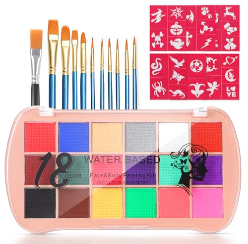 Selutiya Kinderschminke Set,Schminke Kinder mit 12 Pinsel,,18Farben Kinderschminken Set,30 Tattoo-VorlagenWaschbar Face Paint Bodypaint Schminkset, Fasching Halloween Karneval von selutiya