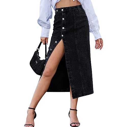 Damen Casual Hohe Taille Knopfleiste Denim Röcke Split Hem Solide Lange Jeans Bleistiftröcke, Schwarz , 40 von semen