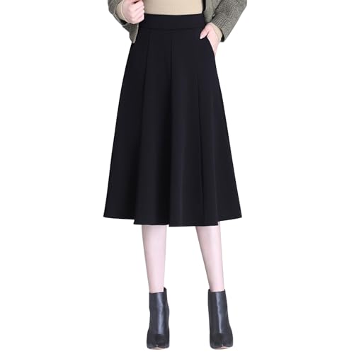 Damen Eleganter Swing Plissee A-Linie Langer Rock Herbst Winter Einfarbig Elastische Taille Ausgestellte Midi Röcke mit Taschen, Schwarz , 44 von semen