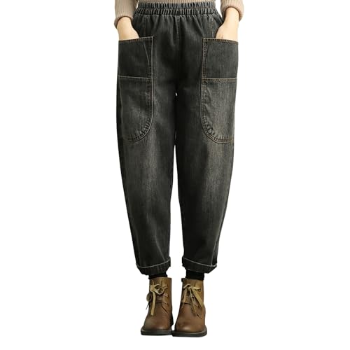 Damen Haremshose mit Kordelzug und elastischer Taille, übergroße Haremshose, weites Bein, Baggy-Jeans mit Taschen, Schwarz , 42 von semen