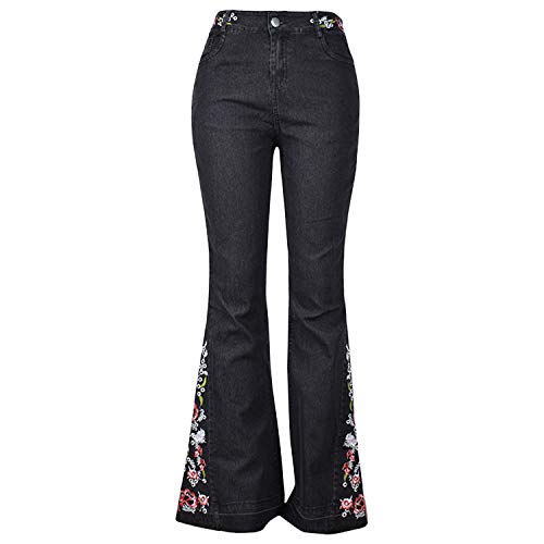 Damen Jeans mit ausgestellter Passform, Lange Jeanshose mit floraler Stickerei, Glöckchenunterteil Gr. 42, Schwarz von semen