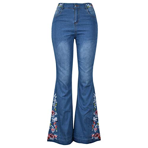 Damen Jeans mit ausgestellter Passform, lange Jeanshose mit floraler Stickerei, Glöckchenunterteil Gr. 40, dunkelblau von semen