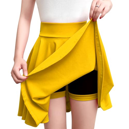Damen Mini-Skaterrock mit hoher Taille, A-Linie, plissiert, einfarbig, lässig, ausgestellte Rüschen, Gelb 1, 42 von semen