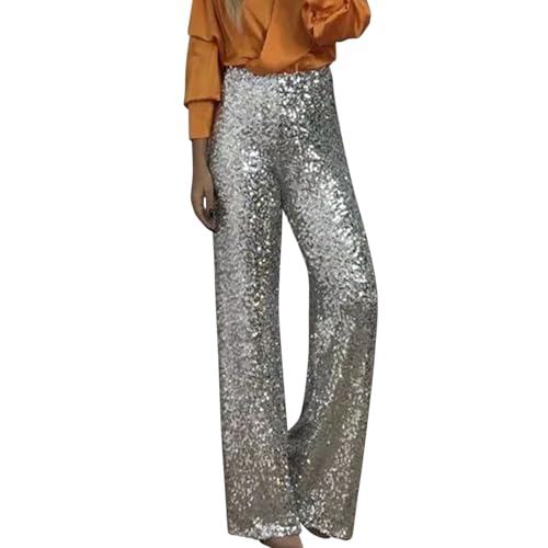 Damen Palazzo-Hose mit hoher Taille, glitzernd, mit Pailletten, weites Bein, metallisch glänzend, Clubhose, silber, 38 von semen