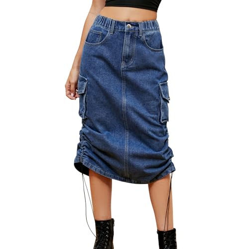 Damen Sommer-Jeansröcke mit elastischer Taille, Y2K, lässiger Bleistift-Jeansrock mit Taschen, blau, 38 von semen