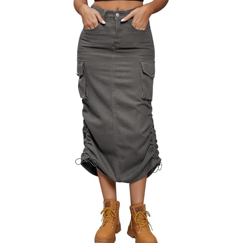 Damen Sommer-Jeansröcke mit elastischer Taille, Y2K, lässiger Bleistift-Jeansrock mit Taschen, dunkelgrau, 42 von semen