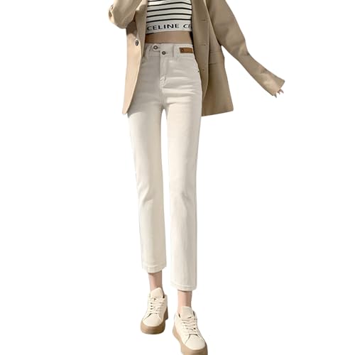 Damen Winter Warm Fleece Gefüttert Straight Leg Denim Pants Stretchy Slim Fit Cropped Jeans Hose mit Taschen, beige, 38 von semen