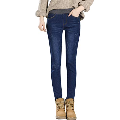 Damen Winter Warm Fleece Gefüttert Stretch Jeggings Elastische Taille Mid Rise Skinny Jeans Weiche Denim Hose, dunkelblau, 38 von semen