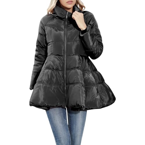 Warme Daunenjacke für Damen, Stehkragen, Rüschensaum, dicker Übermantel, einfarbig, Outwear, Parka, Mantel, Schwarz , 38 von semen