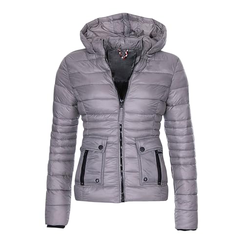 Damen Winter Warme Kapuze Puffer Jacke Einfarbig Reißverschluss Weiche Langarm Gepolsterter Mantel Leichte Daunen Outwear Mäntel, grau, 40 von semen