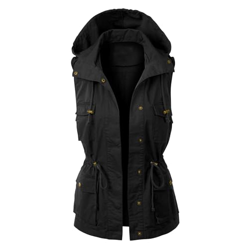 Lässige Militär-Weste für Damen, leicht, mit Kapuze, ärmellos, Kordelzug, Cargo-Weste mit Taschen, Schwarz , 36 von semen