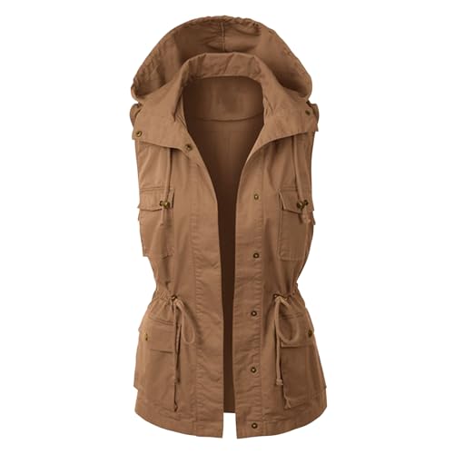 Lässige Militär-Weste für Damen, leicht, mit Kapuze, ärmellos, Kordelzug, Cargo-Weste mit Taschen, braun, 46 von semen