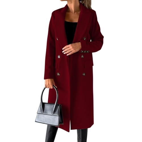 Damen Wollmischung, zweireihig, gekerbtes Revers, Winter, warm, lange Jacken, elegante Erbsenmäntel, lässiger Trenchcoat, weinrot, 44 Damen Wollmischung, zweireihig, gekerbtes Revers, Winter, warm, lange Jacken, elegante Erbsenmäntel, lässiger Trenchcoat, weinrot, 44 von semen