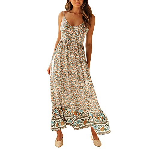 semen Damen Boho Kleid Lang V Ausschnitt Maxikleid Ärmellose Kleider Elegant Spaghetti Kleid Hohe Taille von semen