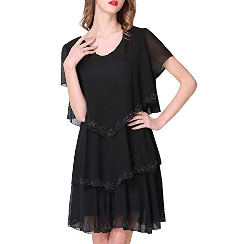 semen Damen Chiffon Sommerkleid Knielang Doppellagig Casual Kleider V-Ausschnitt Kurze Ärmel Partykleid Unregelmäßiger Saum von semen