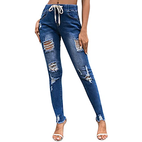 semen Damen Jeanshose Hohe Taille Zerrissene Leggings Stretch Slim Fit Gerissene Hose mit Kordelzug von semen