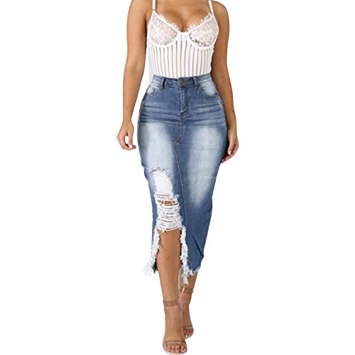 semen Damen Jeansrock Lang Denim Asymmetrisch Zerrissen Hish Waist Jeans Rock Party Sommerrock von semen