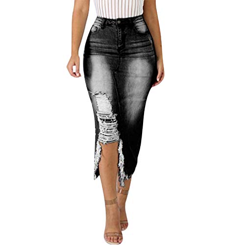 semen Damen Jeansrock Lang Denim Asymmetrisch Zerrissen Hish Waist Jeans Rock Party Sommerrock von semen